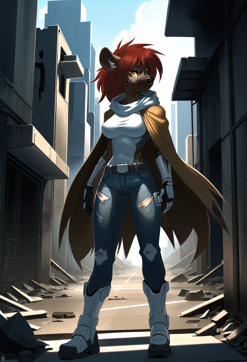 anthropomorphic hyena, female, she is hairy, she has red Rachel-style hair, she has well-detailed yellow eyes, she has wide hips, she is wearing white cybernetic armor, she is wearing short jean pants gray color, she is wearing white cybernetic and futuristic boots, she is wearing a ruined and torn light brown poncho, she is standing on a ruined street, in the background you can see a ruined city, 2d art style.
