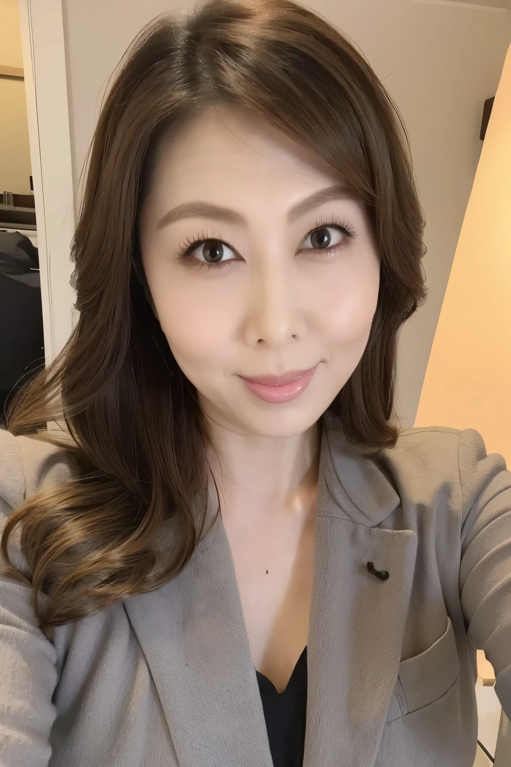 风间由美 wearing a gray office suit, high quality ,detailed, realistic,