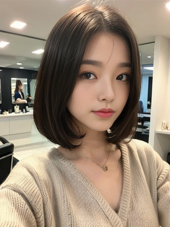((maximum quality、8k、obra-prima:1.3))、1 garota em、Mulheres lindas、(cabelo curto、tiny chest:1.2)、rosto super delicado、Olhos delicados、Photos of women in Japan、tiny chest、cabelos muito curtos e bobbed、A parte superior do corpo、foco superficial、(superdimensionado_sweater、a:1.1) um colar、(Cabelo castanho escuro meio curto)、cabelo curto, juvenil,Roupas de inverno、luz solar、(quarto de parede branca com janela、Filmed in a beauty salon)、Filmado com luz natural、Roupas de inverno、Poses variadas