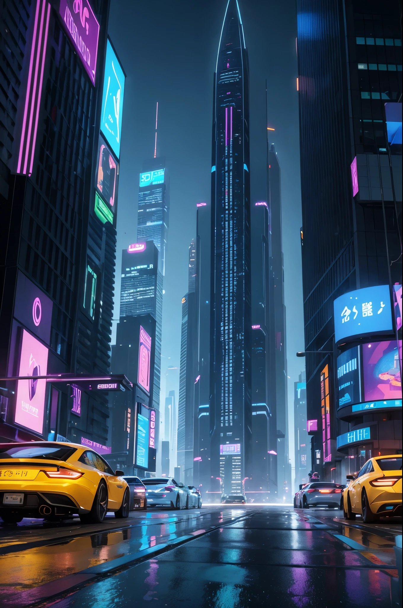 Describe a futuristic cityscape in 2050, Where futuristic skyscrapers rise up to the sky, illuminated by pulsing neon lights. The streets are lined with silent flying vehicles, 1 random flower blooming in th emiddle of the road, enquanto hologramas flutuantes exibem publicidade interativa. Vertical gardens cover the facades of the buildings, combinando natureza e tecnologia. The sidewalks are made of self-cleaning material and change color as people pass by. Descreva os sons, smells and physical sensations of this futuristic landscape, 8k, cinematic ilumionation.