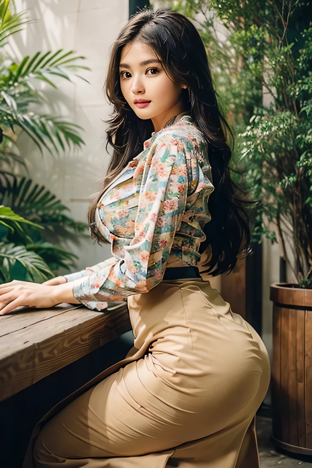 A stunning girl with long dark hair, almond-shaped eyes, and full lips. She has a glamorous and sophisticated look, extremely detailed eyes and face, ultra detail, high resolution,(Big breasts:1), sexy ass, acmm ls outfit, wearing acmm top, acmm top, long sleeves, wearing acmm long skirt, acmm long skirt, printed skirt.