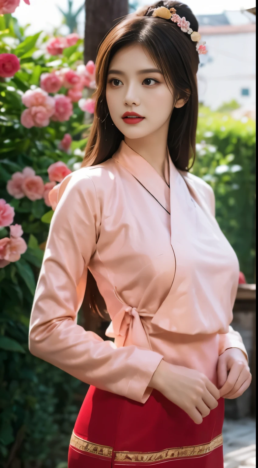 Detailed faces, Clear face, Beautiful Girl, Asian makeup, Red lips, Brown hair, Crown, medium body, big breasts, northern Thai Lanna costume, Tai Khun traditional outfit, Antique, mid-sexy dress, Red costume, HD, full body, Evening light, pink white cherry garden background.