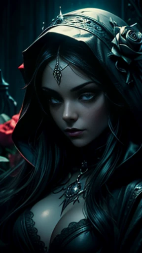 ((Masterpiece)), ((best quality)), ((close-up: 1.0))a woman with a hood and roses in her hair, Dark fantasy art style, in the style of dark fantasy art, gothic fantasy art, dark fantasy art, dark fantasy art, gothic maiden, she is the queen of black roses, Fantasy dark mixed with realism, Dark fantasy style, gothic maiden of the dark, gothic art, Dark but detailed digital art, dark fantasy artwork