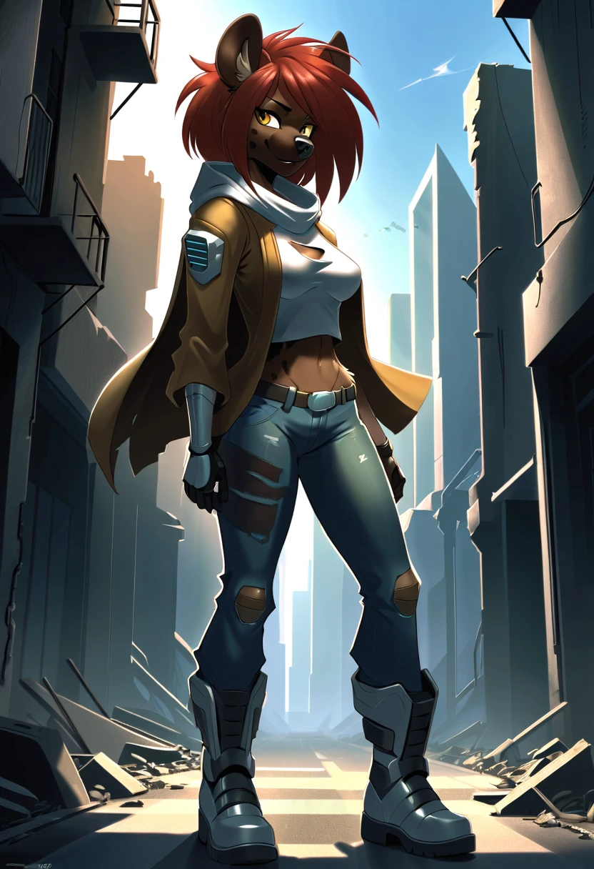anthropomorphic hyena, female, she is hairy, she has red Rachel-style hair, she has well-detailed yellow eyes, she has wide hips, she is wearing white cybernetic armor, she is wearing short jean pants gray color, she is wearing white cybernetic and futuristic boots, she is wearing a ruined and torn light brown poncho, she is standing on a ruined street, in the background you can see a ruined city, 2d art style.
