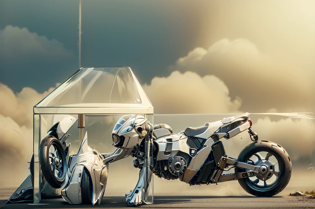 Ultra high resolution, extremely detailed raw photograph, close-up, (half transformation), human motorcycle shiny smooth liquid metal motorcycle hybridization metamorphosis, in garage, (half human), ((liquid polyvinyl goo partial encasement)), human motorcycle hybrid