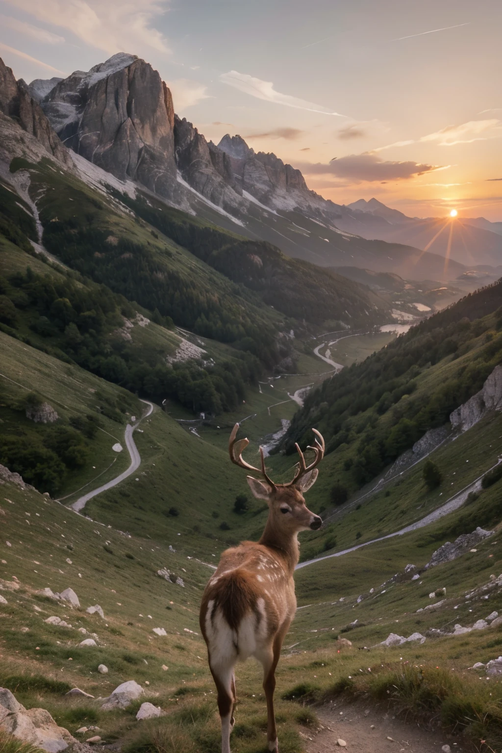 ((best quality)), ((masterpiece)), (detailed), (mountains scenary like in the Dolomites), (dream landscape scenary), (sunset), (red purpled pink colored sky), (a deer which is watching back )