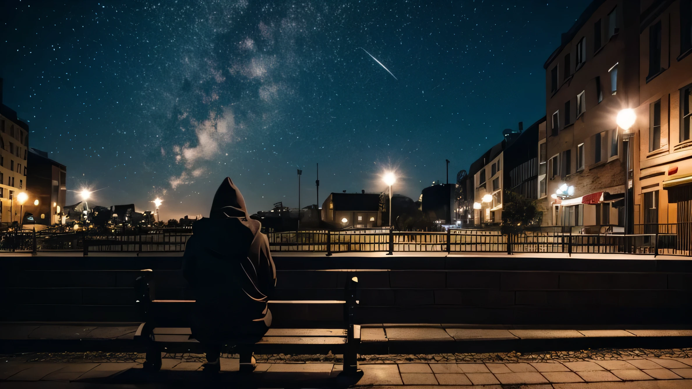 The sky is dark without stars again their little town, the Blocks were crowded, all the lights of the dwarf blocks were off, and in the park there was only him, the hooded man on a distant bench looking long into the city, cinematic, super realistic, 35 mm DOF