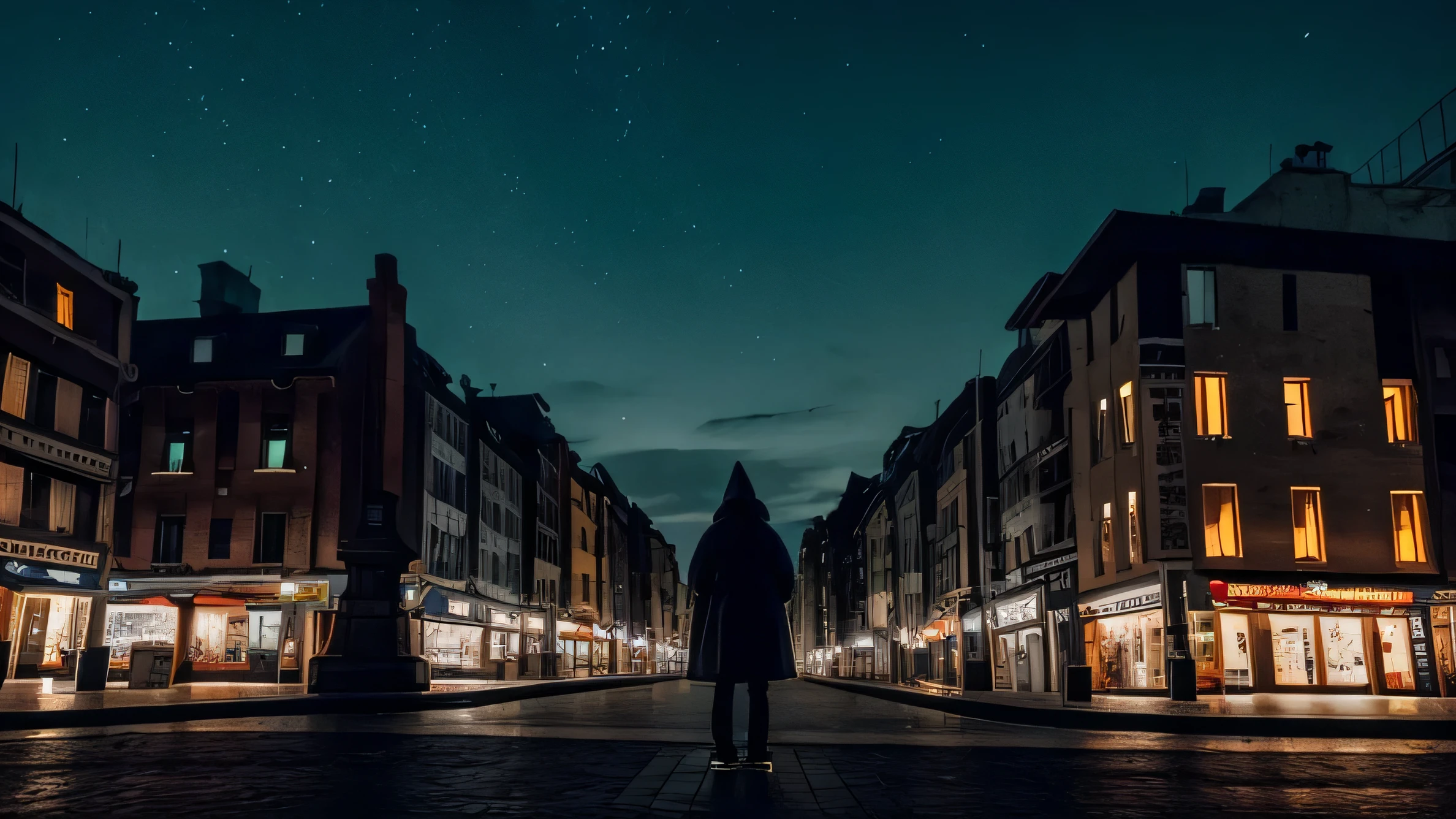 The sky is dark without stars again their little town, the Blocks were crowded, all the lights of the dwarf blocks were off, and in the park there was only him, the hooded man on a distant bench looking long into the city, cinematic, super realistic, 35 mm DOF