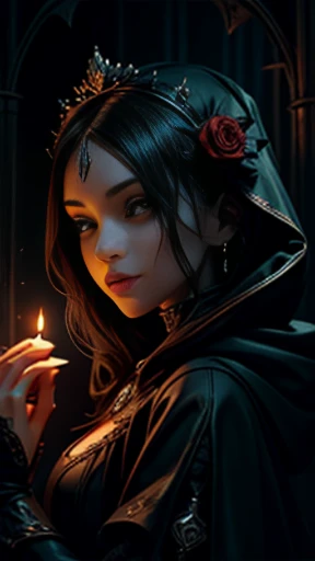 ((Masterpiece)), ((best quality)), ((close-up: 1.0))a woman with a hood and roses in her hair, Dark fantasy art style, in the style of dark fantasy art, gothic fantasy art, dark fantasy art, dark fantasy art, gothic maiden, she is the queen of black roses, Fantasy dark mixed with realism, Dark fantasy style, gothic maiden of the dark, gothic art, Dark but detailed digital art, dark fantasy artwork