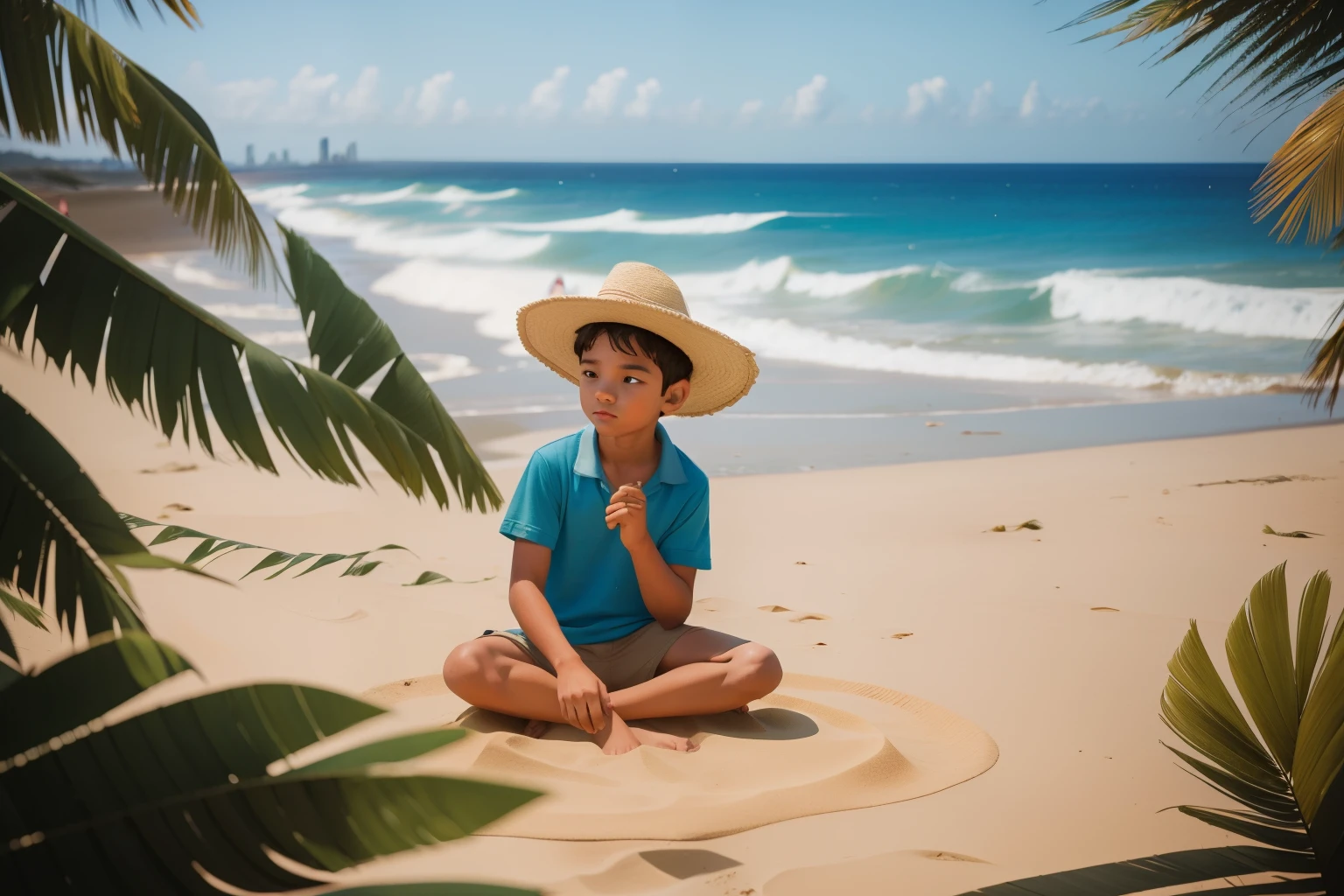 2010s Australian Beach Sandcastle Sorcery (Location: Gold Coast):
Character: A tween boy with a wizard's hat, crafting sandcastles with magical powers on the golden shores of the Gold Coast during the 2010s. Evoke the coastal enchantment with Wes Anderson's sunlit and dreamy color palette, turning the beach into a realm of sorcery.