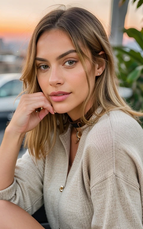 Beautiful blonde in beige sweater (Sip coffee at a trendy café at sunset), Muy detallado, 21 years, Cara inocente, cabello ondulado natural, ojos azules, high resolution, collar de oro, mesa, Mejor calidad, detalles intrincados, muy detallado, Sharp focus, piel detallada, Realista skin texture, textura, ojos detallados, profesional, 4k, sonrisa encantandora, rodada con Canon, 85mm, Poca profundidad de campo, Kodak Vision Color, cuerpo en forma perfecta, extremadamente detallado, una foto_\(ultras\), fotorrealista, Realista, Postprocesamiento, maximum detail, Aspereza, vida real, Un hiperrealista, fotorrealismo, Photography, 8k UHD, Photography