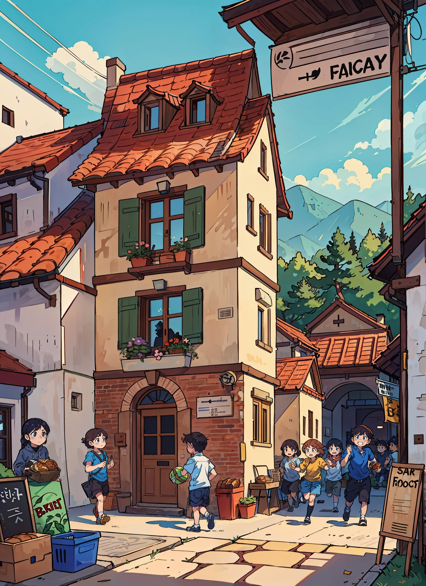 (best-quality:0.8), (best-quality:0.8), crowded by kids playing football lively scene, perfect anime illustration, front view, a bakery in France countryside, two storey, ladder, chimney, with a small letter box in front