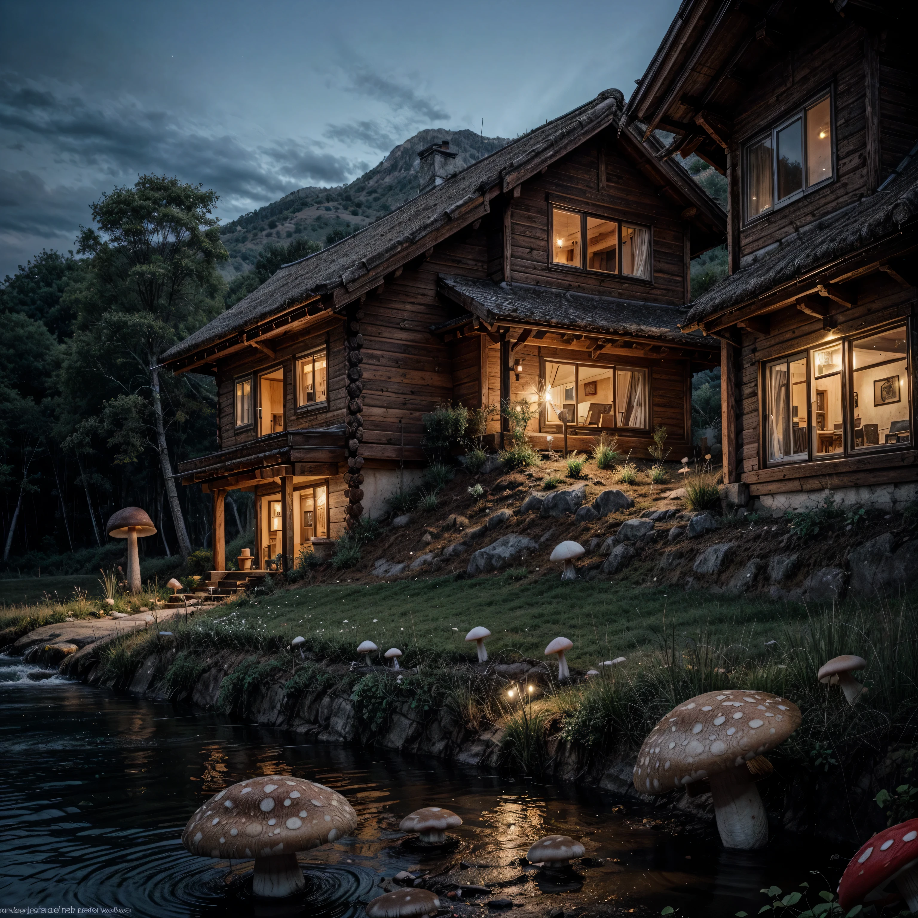 Masterpiece, (8k wallpaper) , (best quality), perfect quality, In the distance a thick forest with mountains, in the foreground (((a mushroom house))) and the windows are lit with orange light. Around this house there is grass with rocks and a small river.