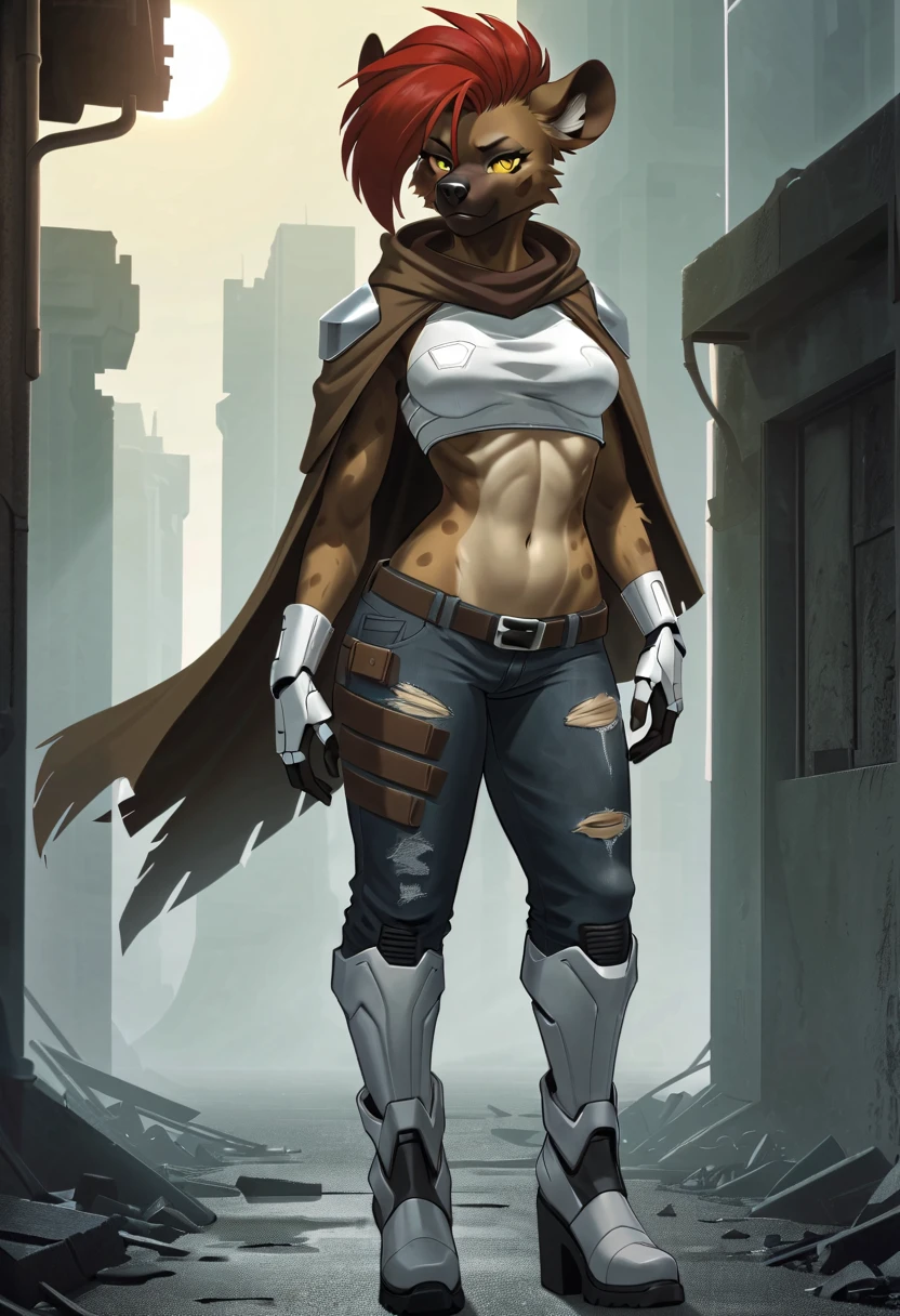 anthropomorphic hyena, female, she is hairy, she has red Rachel-style hair, she has well-detailed yellow eyes, she has wide hips, she is wearing violet cybernetic armor, she is wearing short jean pants gray color, she is wearing white cybernetic and futuristic boots, she is wearing a ruined and torn light brown poncho, she is standing on a ruined street, in the background you can see a ruined city, 2d art style.
