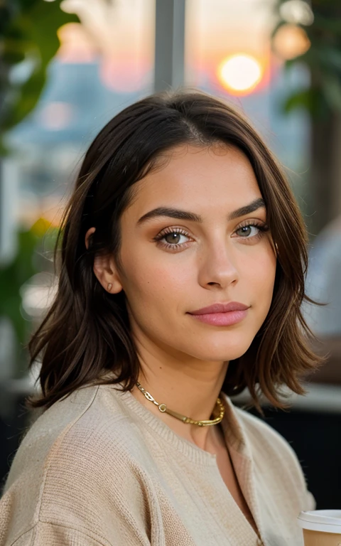 Beautiful blonde in beige sweater (Sip coffee at a trendy café at sunset), Muy detallado, 21 years, Cara inocente, cabello ondulado natural, ojos azules, high resolution, collar de oro, mesa, Mejor calidad, detalles intrincados, muy detallado, Sharp focus, piel detallada, Realista skin texture, textura, ojos detallados, profesional, 4k, sonrisa encantandora, rodada con Canon, 85mm, Poca profundidad de campo, Kodak Vision Color, cuerpo en forma perfecta, extremadamente detallado, una foto_\(ultras\), fotorrealista, Realista, Postprocesamiento, maximum detail, Aspereza, vida real, Un hiperrealista, fotorrealismo, Photography, 8k UHD, Photography, desnuda