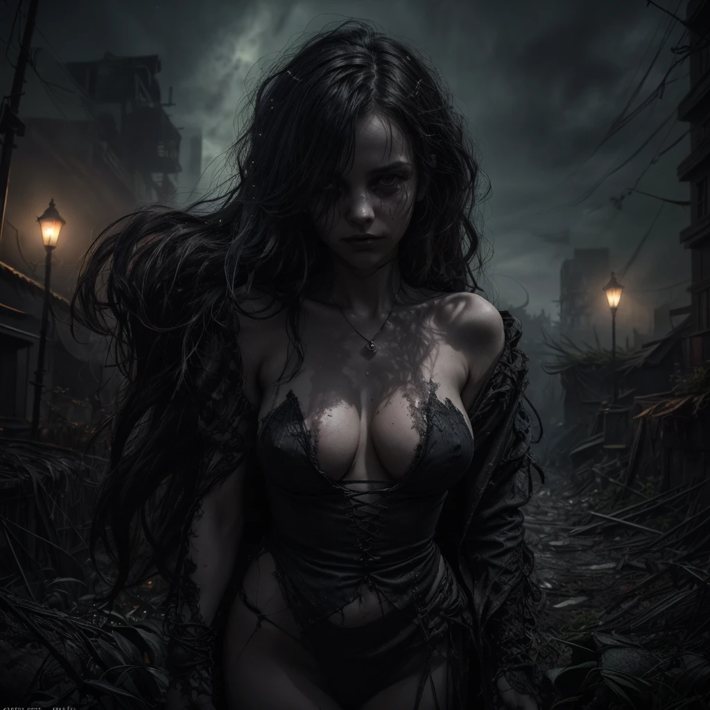 (torso of a young woman), (best quality,4k,8k,highres,masterpiece:1.2),ultra-detailed,(realistic,photorealistic,photo-realistic:1.37),dark fantasy,street scene,unfamiliar environment,detailed buildings,ominous atmosphere,mysterious creatures,horrifying presence,unsettling,shadowy figures,intense darkness,young girl,long hair,innocent face,vulnerable position,hopeless situation,distressed expression,starry sky,dimly lit street lamps,dark colors,overgrown plants,quirky architecture,strange symbols,haunting shadows,abandoned feel,loneliness,magic in the air,creepy atmosphere,enchanted surroundings,gothic elements,otherworldly aura,dramatic composition,contrasting light and shadow,foreboding,uncertainty, bright weather, sunny day, brigth ambiences, light everywhere, nsfw, exposed woman, naked woman, nude boobs
