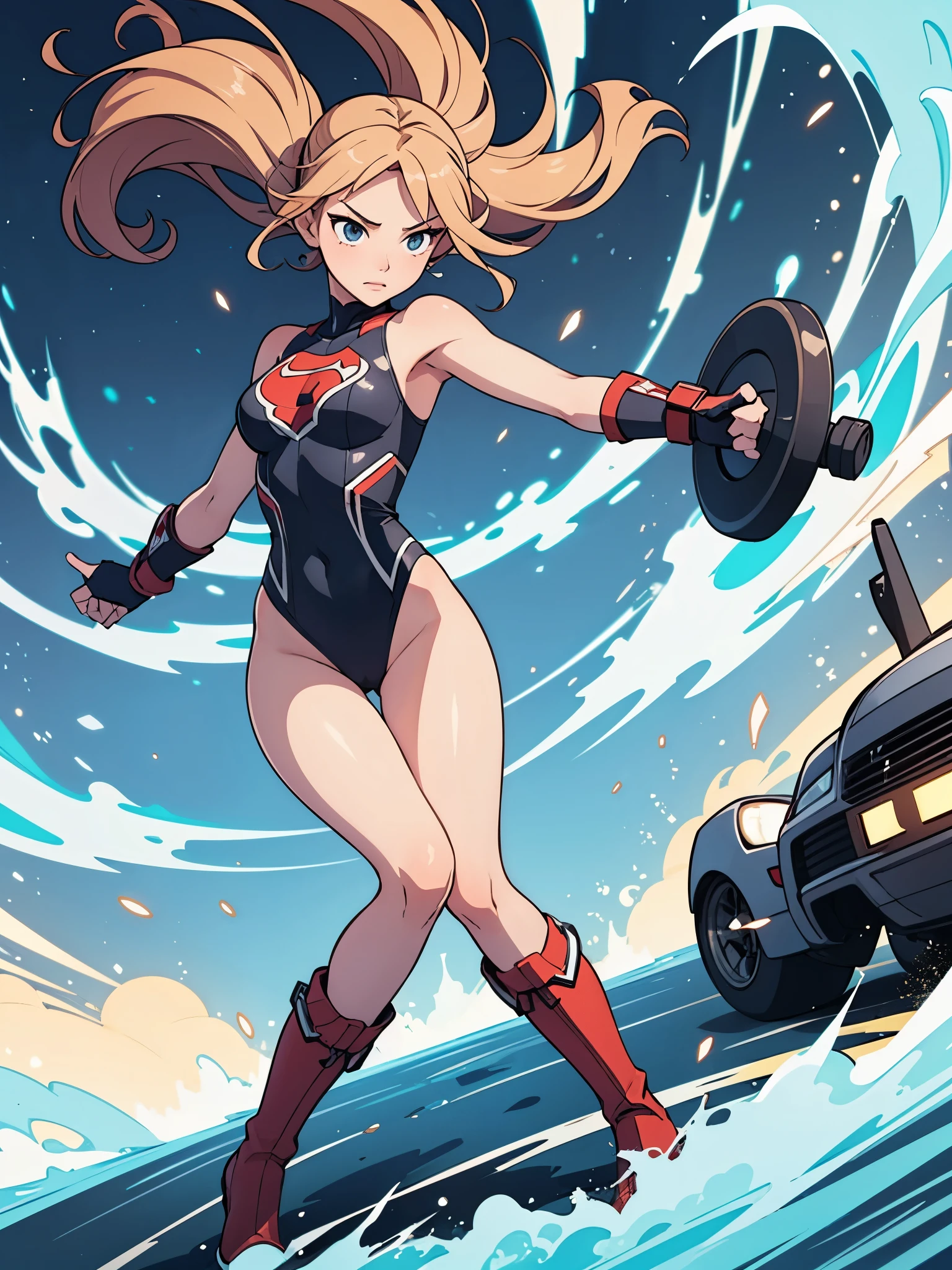 1girl, solo focus, superhero, leotard, bare legs, boots, spinning her body in rapid speed like a tornado