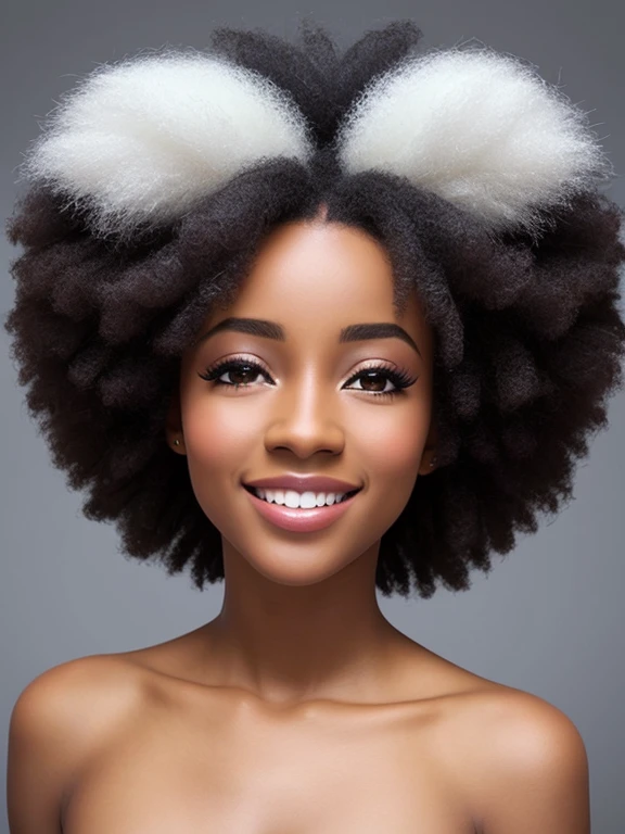 bobbles de cabelo, estremecer, long eyelashes, solid circle eyes, orelhas de animais falsas, Sorriso leve, Orelha corada, presa, surrealismo, sombra projetada, anaglyph, estereograma, tachi-e, to throw, Atmospheric perspective, 8k, super detalhe, preciso, melhor qualidade, pele escura, cabelos afro 