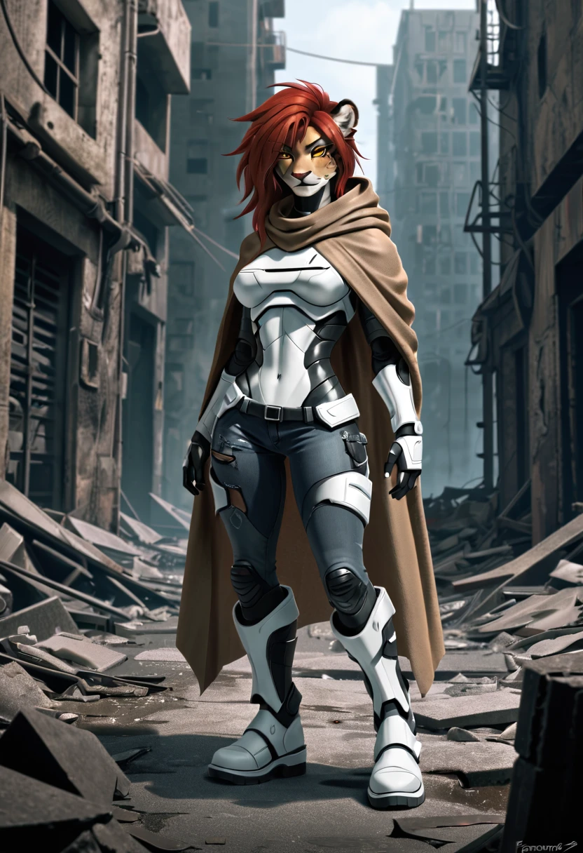 anthropomorphic leopard, female, she is hairy, she has red Rachel-style hair, she has well-detailed yellow eyes, she has wide hips, she is wearing violet cybernetic armor, she is wearing short jean pants gray color, she is wearing white cybernetic and futuristic boots, she is wearing a ruined and torn light brown poncho, she is standing on a ruined street, in the background you can see a ruined city, 2d art style.
