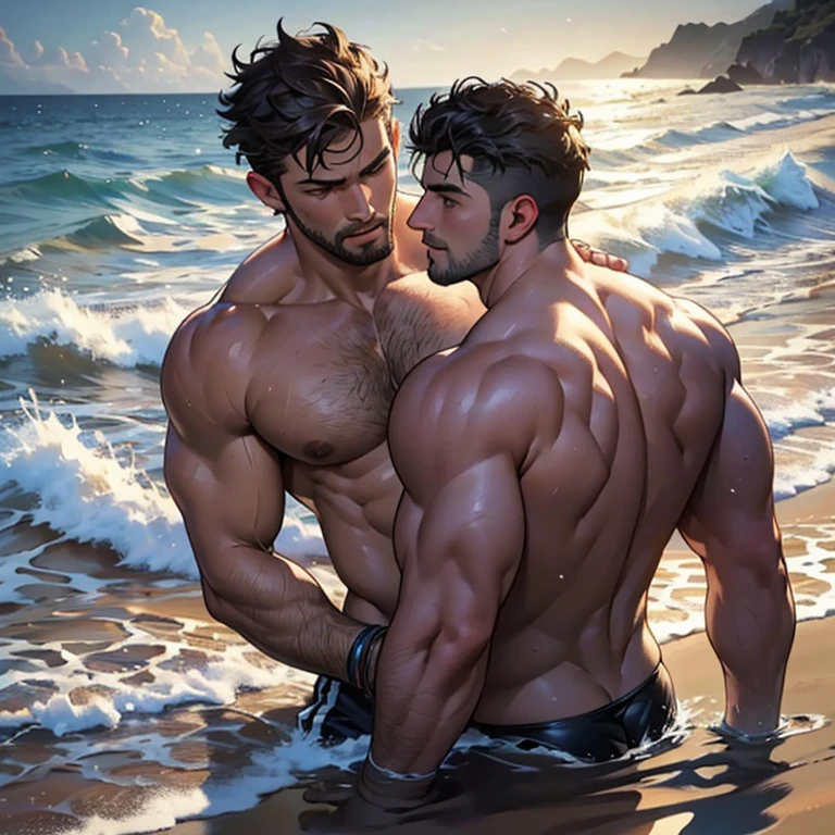 s) ((best quality)), ((masterpiece)), (detailed), poseidon, 2boy, muscle, on beach with beautiful water and real water waves, short curly hair, handsome masculine face, detailed eyes, muscular chest, (narrow waist), bubble butt, naked, detailed skin, realistic, style of pino daentyle of Daniel F. Gerhartz::0.5], uhd image, hires, 8k, semi-realistic, epic lighting, sharp focus, romantic, realistic, mordekaiser and sett making out, big naked dicks touching each ofher, balls hanging out