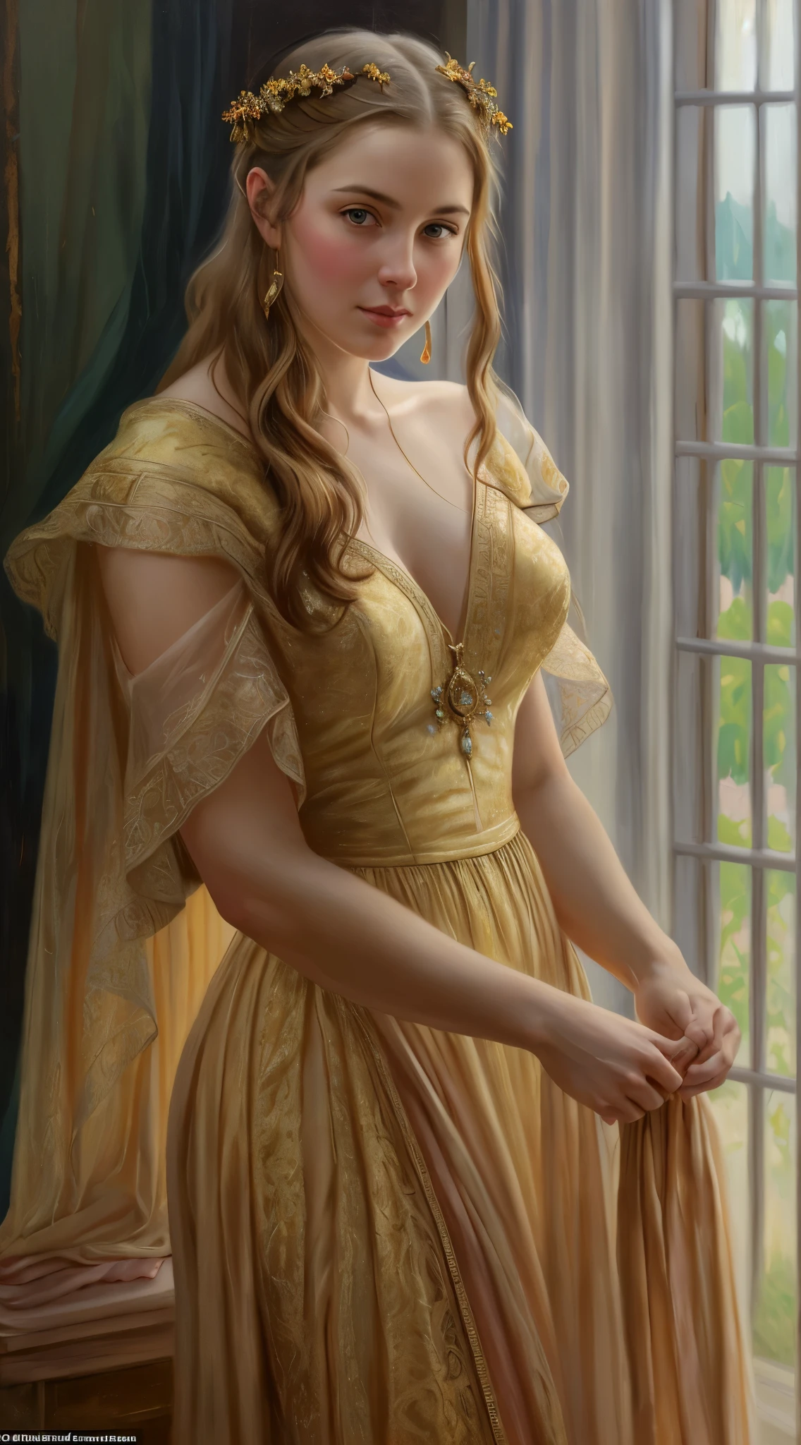 Masterpiece, Best quality, Ethereal beauty, portrait, girl, 35 years old Woman, middle ages, classicism, andrey atroshenko style, painting, traditional media, realistic, figurative, fine art, oil on canvas, HDR, 8K, original character, high resolution, high detail, focus on the face