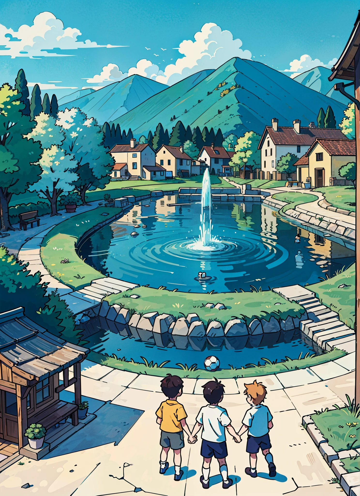 A small Italian village fountain (best-quality:0.8), (best-quality:0.8), crowded by kids playing football lively scene, perfect anime illustration, front view, a countryside.