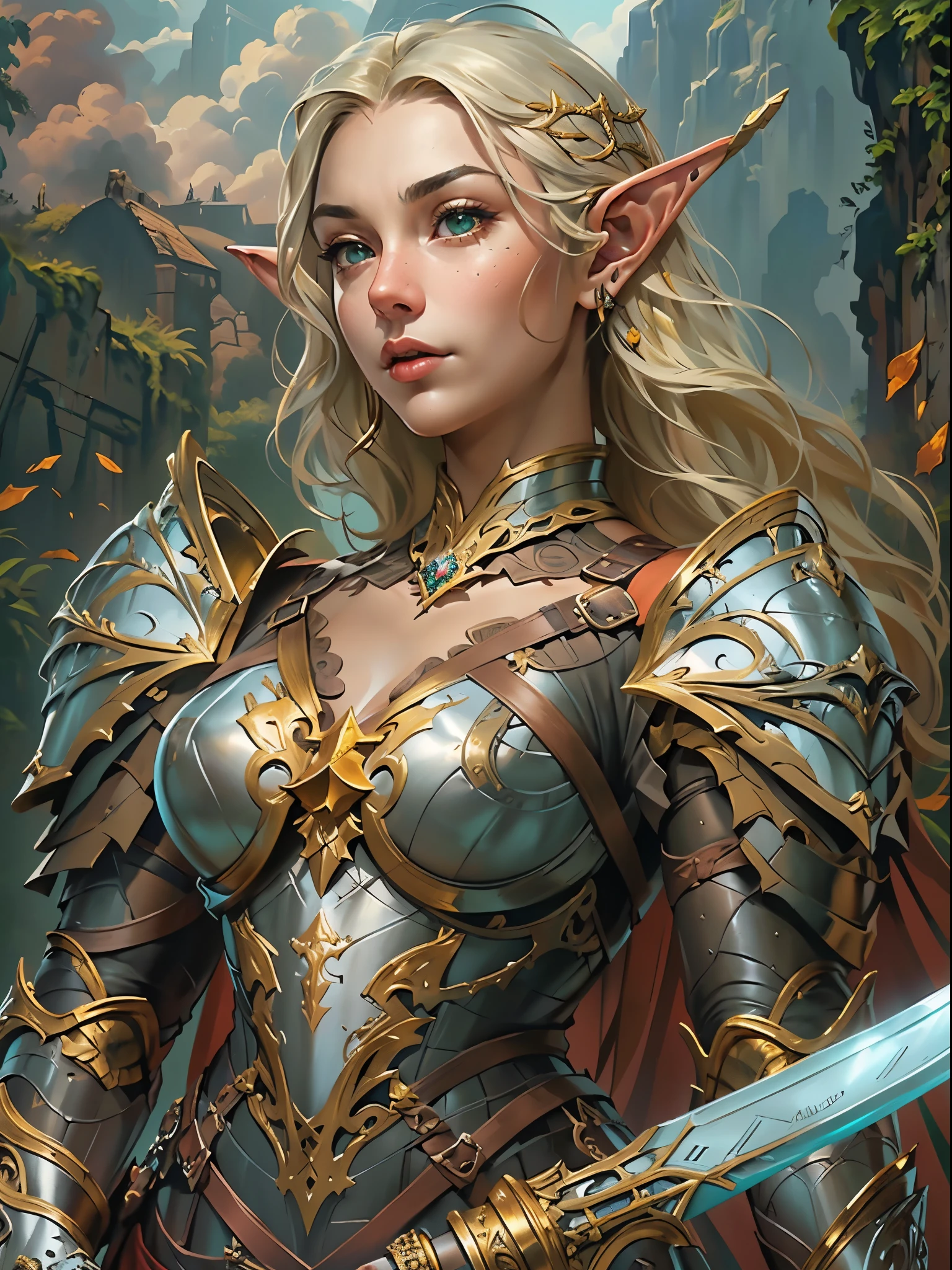 high details, best quality, 8k, [ultra detailed], masterpiece, best quality, (extremely detailed), full body, ultra wide shot, photorealistic, fantasy_world, fantasy art, dnd art, rpg art, realistic art, a wide angle, (((anatomically correct))) a wallpaler of an elf knight, elf warrior, princess knight, shinning knight, ready for battle with her mount (intense details, Masterpiece, best quality: 1.5), female elf (intense details, Masterpiece, best quality: 1.5), ultra detailed face, ultra feminine, fair skin, exquisite beauty, gold hair, long hair, wavy hair, small pointed ears, dynamic eyes color, wearing heavy mech armor, shinning metal, armed with elven sword fantasysword sword, standing near her mount, dynamic mount , green meadows, blue skies background and some clouds background depth of field (intricate details, Masterpiece, best quality: 1.5), full body (intricate details, Masterpiece, best quality: 1.5), high details, best quality, highres, ultra wide angle