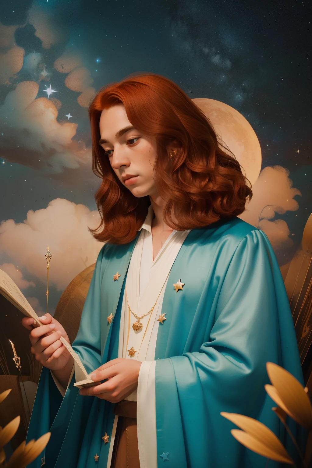17th Century English Manor Celestial Astronomy (Location: Cornwall)
Character: A age boy with unruly auburn hair, adorned in 17th-century celestial robes, deciphering mystical star charts on the grounds of a grand English manor in Cornwall. His freckles glow faintly as he unveils the secrets of the cosmos. Wes Anderson's ethereal palette bathes the scene in celestial hues, capturing the magical atmosphere.
