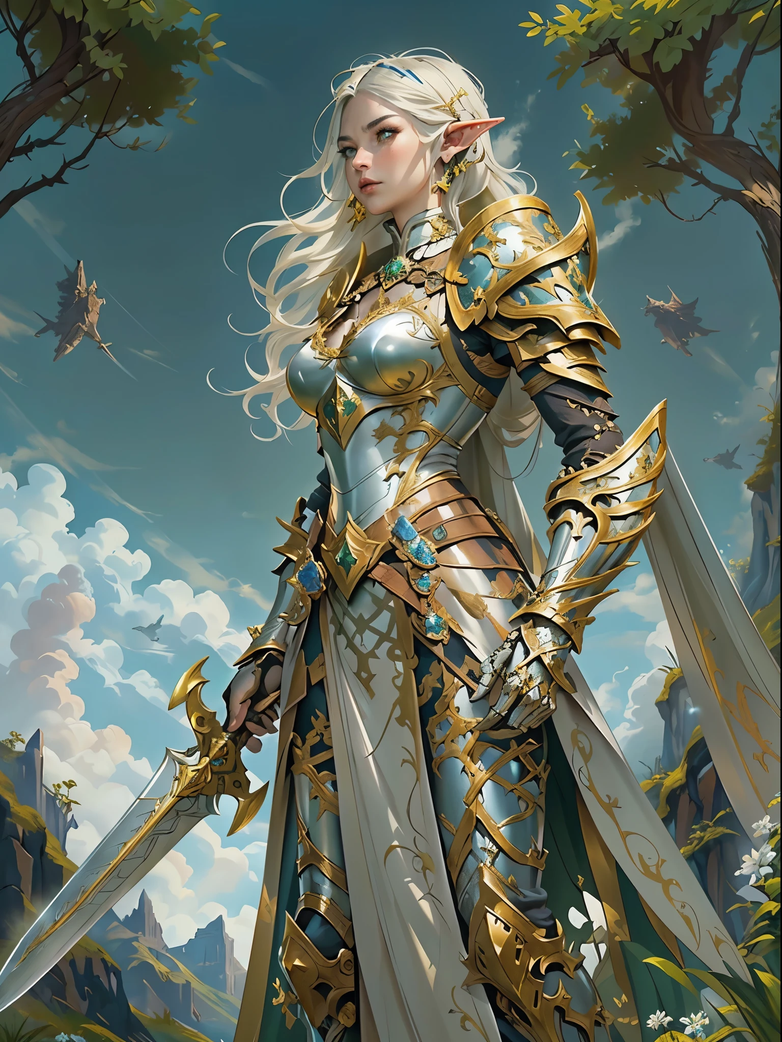 high details, best quality, 8k, [ultra detailed], masterpiece, best quality, (extremely detailed), full body, ultra wide shot, photorealistic, fantasy_world, fantasy art, dnd art, rpg art, realistic art, a wide angle, (((anatomically correct))) a wallpaler of an elf knight, elf warrior, princess knight, shinning knight, ready for battle with her mount (intense details, Masterpiece, best quality: 1.5), female elf (intense details, Masterpiece, best quality: 1.5), ultra detailed face, ultra feminine, fair skin, exquisite beauty, gold hair, long hair, wavy hair, small pointed ears, dynamic eyes color, wearing heavy mech armor, shinning metal, armed with elven sword fantasysword sword, standing near her mount, dynamic mount , green meadows, blue skies background and some clouds background depth of field (intricate details, Masterpiece, best quality: 1.5), full body (intricate details, Masterpiece, best quality: 1.5), high details, best quality, highres, ultra wide angle