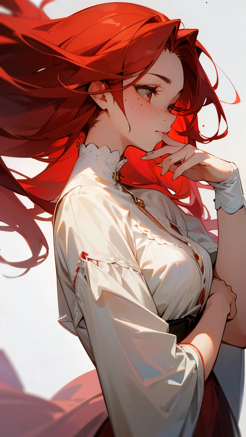 Produce an image of a soft-looking vampire 23 years old woman with vibrant red hair, brown eyes, and freckles, evoking a sense of gentleness and grace.