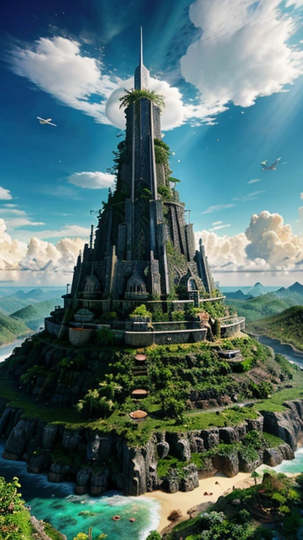 Many islands are suspended in the air with many small airships flying around, Cidades, Fantasia, magical plants growing, detalhes extremos, luz realista, Epic composition, (detalhes complexos), (Projeto complexo, Ultra-Detalhes :1.2), Art Station, (obra de arte, melhor qualidade), Ultra-HD, 32k --v 6