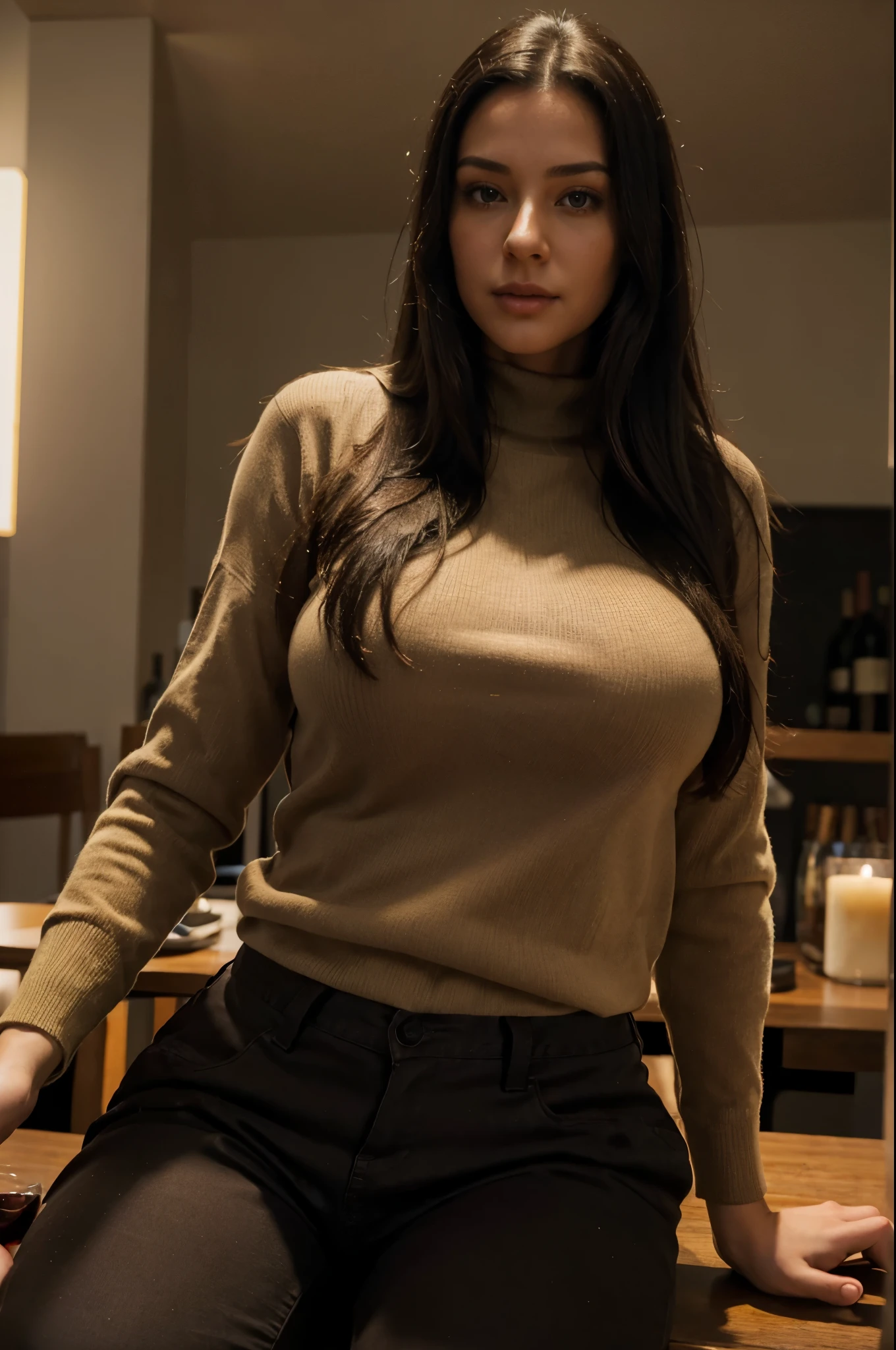 Young woman sitting at the table and drinking wine. Long black hair. Busty and big ass. Wearing brown trousers and pulover. Perfect body. solid pose. Photorealistic. Realistic colors. Realistic lights. Masterpiece. Realistic anatomy. distant photo. In front of the camera.