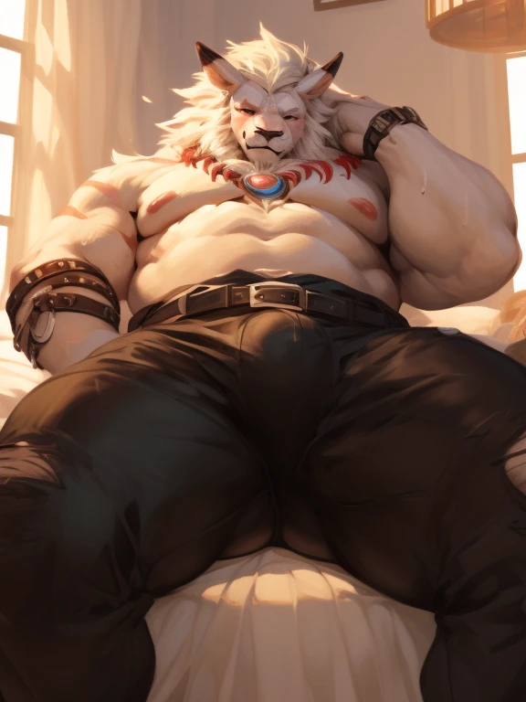((best quality)), masterpiece, highres, (by honovy, by zackary911, by by null-ghost), A beefy male is sleeping, lie on a bed, close eyes, male, solo, leomon, muscular, white fur, genital fluids, white body, Giant body, ((very fat muscular)), very muscular arms, blushing on his face, sweat soaked fur, tail, ((low angle)), ((handsome)), ((thighs focus)), tight pants, breast, nipples, ((big cock under pants))