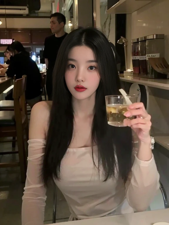 There was a woman holding a glass of wine, Asian girl with long hair, com cabelo comprido, linda jovem coreana, com longos cabelos escuros, lindas mulheres coreanas, cabelo preto longo e fino, com longos cabelos pretos, mulher com longos cabelos pretos, linda jovem coreana, cruel korean goth girl, Ulzzangs,  coreana, garota com cabelo super longo，（（（De boca aberta））），（（（dentes））），attraction