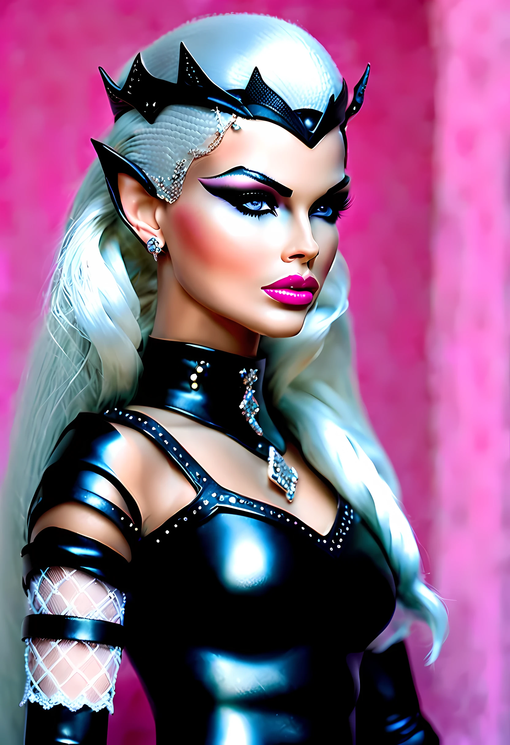 a pin up picture of goth (Elf: 1.4) Barbie as a dominatrix queen (best details, Masterpiece, best quality :1.5), ultra detailed face (best details, Masterpiece, best quality :1.5), ultra feminine (best details, Masterpiece, best quality :1.5), wearing latex pink mini dress, pink stockings, pink high heels, small elf ears, long braided hair, hair pulled back, blond hair, modern bedroom background (best details, Masterpiece, best quality :1.5), ultra best realistic pictures , best details, best quality, 16k, [ultra detailed], masterpiece, best quality, (extremely detailed), ultra wide shot, photorealism, depth of field, hyper realistic painting