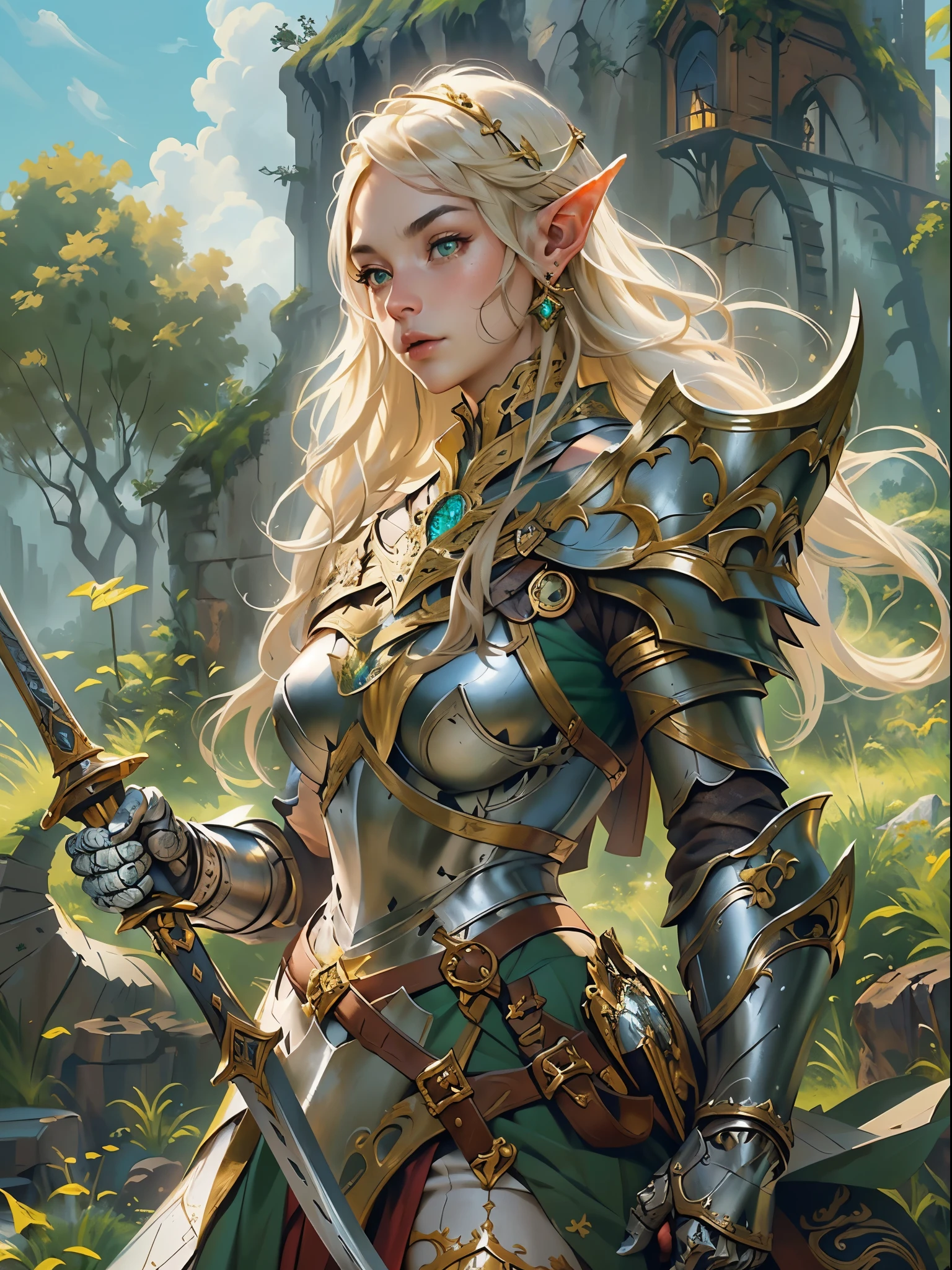 high details, best quality, 8k, [ultra detailed], masterpiece, best quality, (extremely detailed), full body, ultra wide shot, photorealistic, fantasy_world, fantasy art, dnd art, rpg art, realistic art, a wide angle, (((anatomically correct))) a wallpaler of an elf knight, elf warrior, princess knight, shinning knight, ready for battle with her mount (intense details, Masterpiece, best quality: 1.5), female elf (intense details, Masterpiece, best quality: 1.5), ultra detailed face, ultra feminine, fair skin, exquisite beauty, gold hair, long hair, wavy hair, small pointed ears, dynamic eyes color, wearing heavy mech armor, shinning metal, armed with elven sword fantasysword sword, standing near her mount, dynamic mount , green meadows, blue skies background and some clouds background depth of field (intricate details, Masterpiece, best quality: 1.5), full body (intricate details, Masterpiece, best quality: 1.5), high details, best quality, highres, ultra wide angle