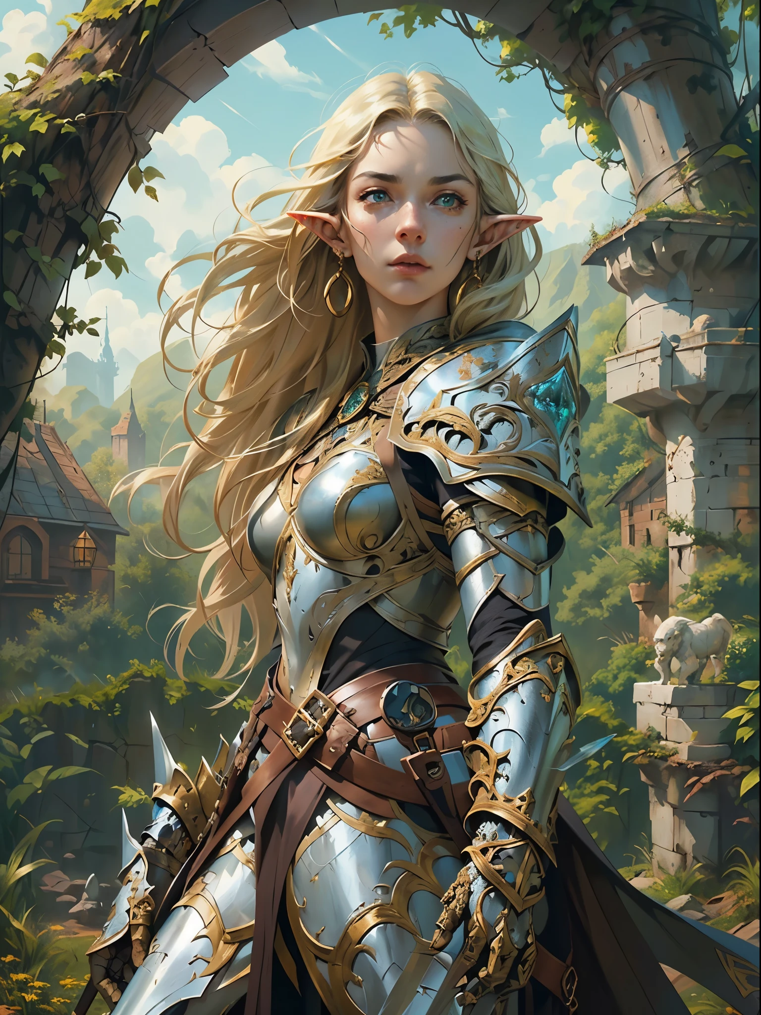 high details, best quality, 8k, [ultra detailed], masterpiece, best quality, (extremely detailed), full body, ultra wide shot, photorealistic, fantasy_world, fantasy art, dnd art, rpg art, realistic art, a wide angle, (((anatomically correct))) a wallpaler of an elf knight, elf warrior, princess knight, shinning knight, ready for battle with her mount (intense details, Masterpiece, best quality: 1.5), female elf (intense details, Masterpiece, best quality: 1.5), ultra detailed face, ultra feminine, fair skin, exquisite beauty, gold hair, long hair, wavy hair, small pointed ears, dynamic eyes color, wearing heavy mech armor, shinning metal, armed with elven sword fantasysword sword, standing near her mount, dynamic mount , green meadows, blue skies background and some clouds background depth of field (intricate details, Masterpiece, best quality: 1.5), full body (intricate details, Masterpiece, best quality: 1.5), high details, best quality, highres, ultra wide angle