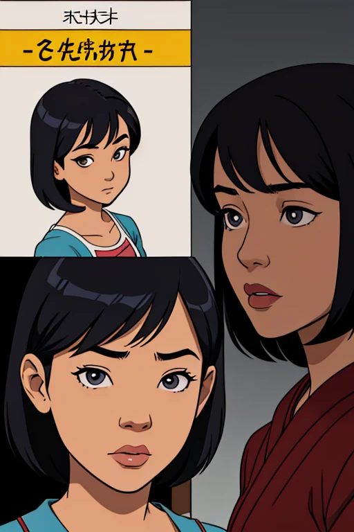 In a comic style, draw the face of an Asian girl kid, with short black hair, bluish gray eyes. in a dark backgound