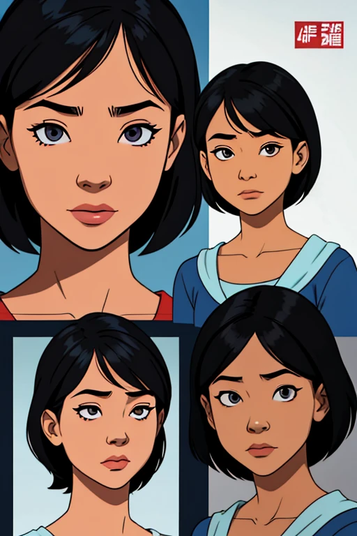 In a comic style, draw the face of an Asian girl kid, with short black hair, bluish gray eyes. in a dark backgound