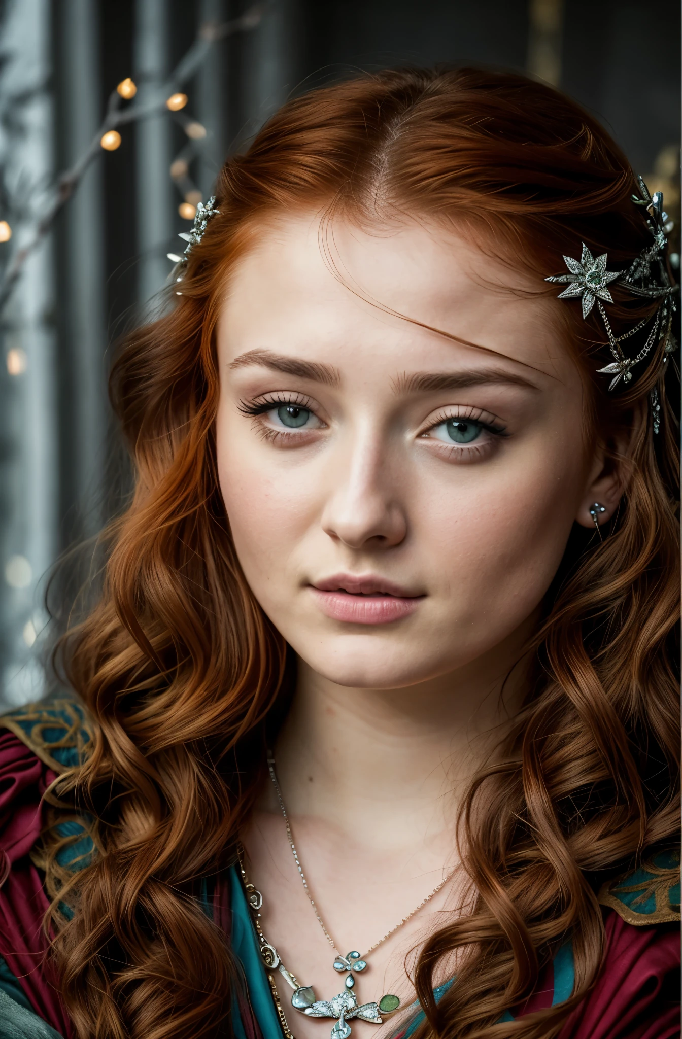 Foto RAW, Sansa Stark PLAYED BY SOPHIE TURNER Ned and Cat's oldest daughter. Demure and ladylike, her dream to marry Prince Joffrey. Her direwolf named Lady , Game of Thrones Series, (pele altamente detalhada: 1.2), 8k UHD, DSLR, soft-lighting, alta qualidade, grain of film, Fujifilm XT3