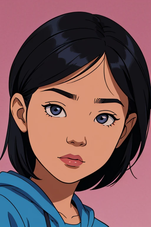 In a comic style, draw the face of an Asian girl , with short black hair, bluish gray eyes. in a dark backgound