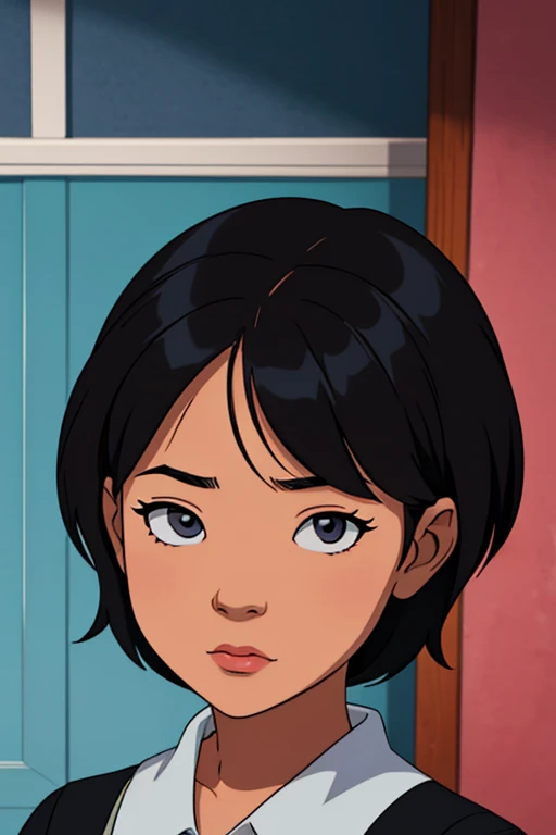 In a comic style, draw the face of an Asian girl ???, with short black hair, bluish gray eyes. in a dark backgound