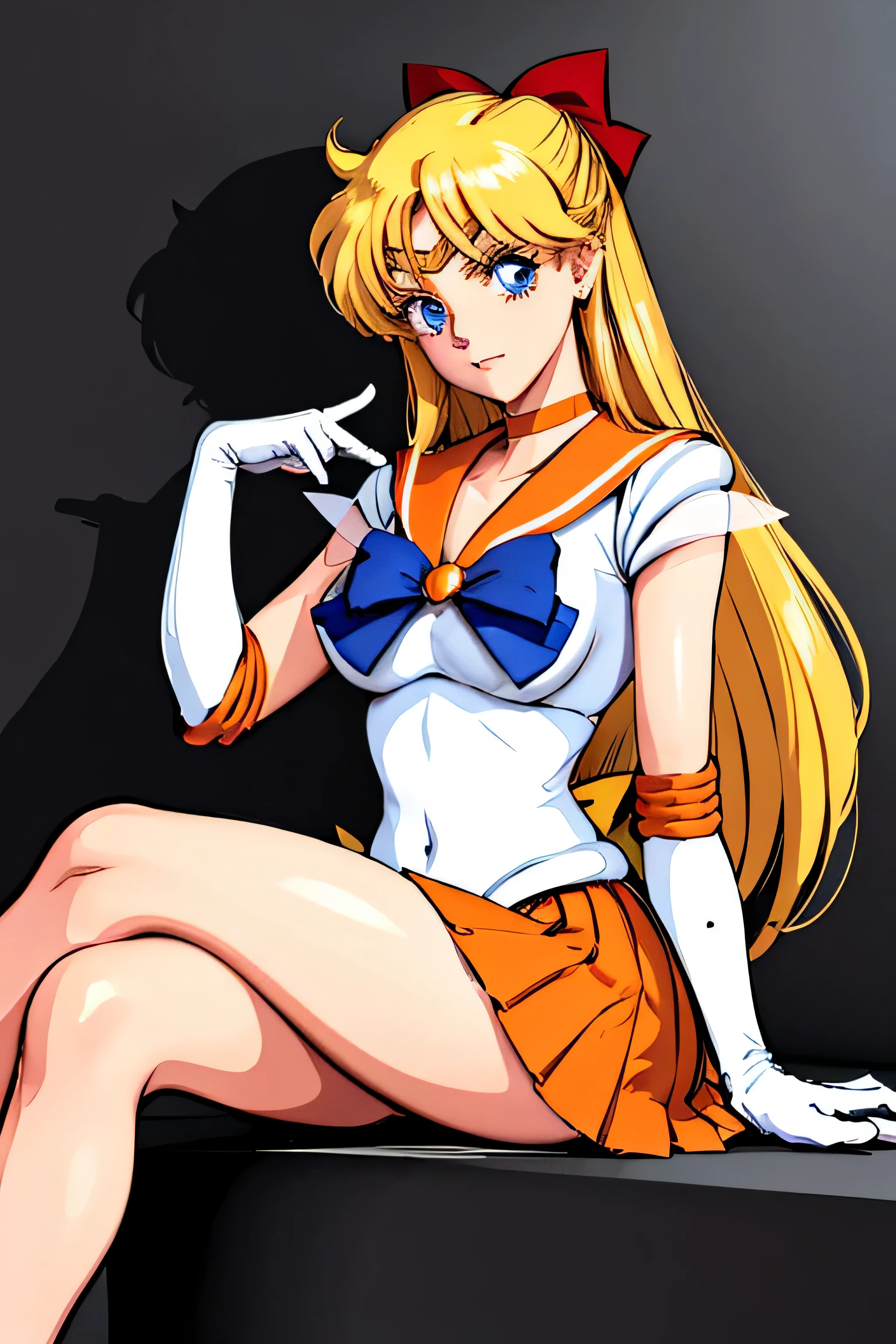 obra maestra, Mejor calidad, high resolution, SV1, Uniforme Marinero Senshi, falda naranja, guantes de codo, tiara, Collar marinero naranja, Arco rojo, gargantilla naranja, guantes blancos, joyas, (1990s \(Estilo\):0.9), Detalle de cara, session, piernas cruzadas , Show loot