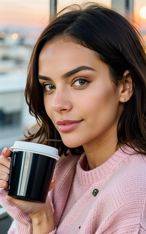 Beautiful blonde in pink sweater (Sipping coffee inside a modern café at sunset), Muy detallado, 21 years, Cara inocente, cabello ondulado natural, ojos azules, high resolution, obra maestra, Mejor calidad, detalles intrincados, muy detallado, Sharp focus, piel detallada, Realista skin textura, textura, ojos detallados, profesional, 4k, sonrisa encantandora, disparado en Canon, 85mm, Poca profundidad de campo, Kodak Vision Color, cuerpo en forma perfecta, extremadamente detallado, Foto_\(Ultra\), photoRealista, Realista, Postprocesamiento, maximum detail, Aspereza, vida real, Ultra Realista, fotorrealismo, Photography, 8k UHD, Photography