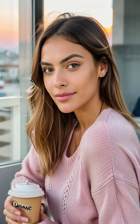 Beautiful blonde in pink sweater (Sipping coffee inside a modern café at sunset), Muy detallado, 21 years, Cara inocente, cabello ondulado natural, ojos azules, high resolution, obra maestra, Mejor calidad, detalles intrincados, muy detallado, Sharp focus, piel detallada, Realista skin textura, textura, ojos detallados, profesional, 4k, sonrisa encantandora, disparado en Canon, 85mm, Poca profundidad de campo,  Kodak Vision Color, cuerpo en forma perfecta, extremadamente detallado, Foto_\(Ultra\), photoRealista, Realista, Postprocesamiento, maximum detail, Aspereza, vida real, Ultra Realista, fotorrealismo, Photography, 8k UHD, Photography