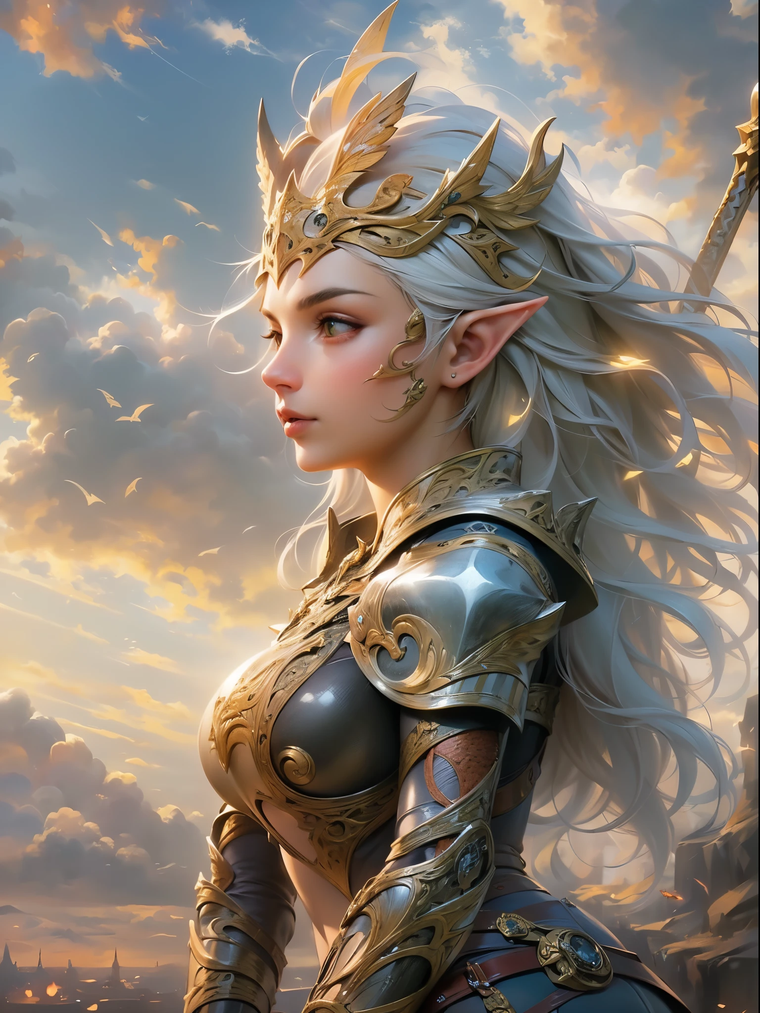 high details, best quality, 8k, [ultra detailed], masterpiece, best quality, (extremely detailed), full body, ultra wide shot, photorealistic, fantasy_world, fantasy art, dnd art, rpg art, realistic art, a wide angle, (((anatomically correct))) a wallpaler of an elf knight, elf warrior, princess knight, shinning knight, ready for battle with her mount (intense details, Masterpiece, best quality: 1.5), female elf (intense details, Masterpiece, best quality: 1.5), ultra detailed face, ultra feminine, fair skin, exquisite beauty, gold hair, long hair, wavy hair, small pointed ears, dynamic eyes color, wearing heavy mech armor, shinning metal, armed with elven sword fantasysword sword, standing near her mount, dynamic mount , green meadows, blue skies background and some clouds background depth of field (intricate details, Masterpiece, best quality: 1.5), full body (intricate details, Masterpiece, best quality: 1.5), high details, best quality, highres, ultra wide angle