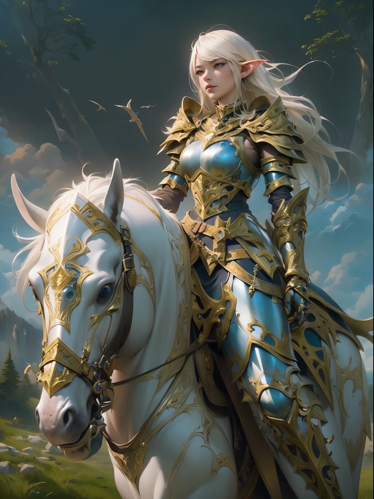 high details, best quality, 8k, [ultra detailed], masterpiece, best quality, (extremely detailed), full body, ultra wide shot, photorealistic, fantasy_world, fantasy art, dnd art, rpg art, realistic art, a wide angle, (((anatomically correct))) a wallpaler of an elf knight, elf warrior, princess knight, shinning knight, ready for battle with her mount (intense details, Masterpiece, best quality: 1.5), female elf (intense details, Masterpiece, best quality: 1.5), ultra detailed face, ultra feminine, fair skin, exquisite beauty, gold hair, long hair, wavy hair, small pointed ears, dynamic eyes color, wearing heavy mech armor, shinning metal, armed with elven sword fantasysword sword, standing near her mount, dynamic mount , green meadows, blue skies background and some clouds background depth of field (intricate details, Masterpiece, best quality: 1.5), full body (intricate details, Masterpiece, best quality: 1.5), high details, best quality, highres, ultra wide angle