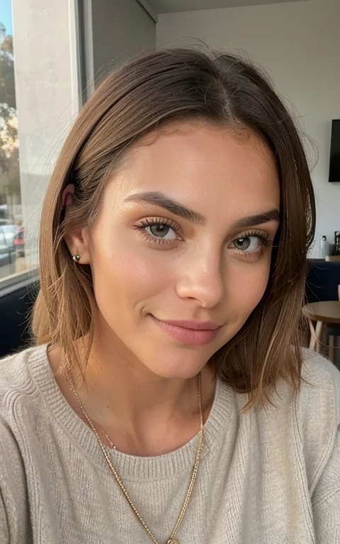 Beautiful blonde in beige sweater (Sipping coffee inside a modern café at sunset), Muy detallado, 21 years, Cara inocente, cabello ondulado natural, ojos azules, high resolution, obra maestra, Mejor calidad, detalles intrincados, muy detallado, Sharp focus, piel detallada, Realista skin textura, textura, ojos detallados, profesional, 4k, sonrisa encantandora, disparado en Canon, 85mm, Poca profundidad de campo, Kodak Vision Color, cuerpo en forma perfecta, extremadamente detallado, Foto_\(Ultra\), photoRealista, Realista, Postprocesamiento, maximum detail, Aspereza, vida real, Ultra Realista, fotorrealismo, Photography, 8k UHD, Photography