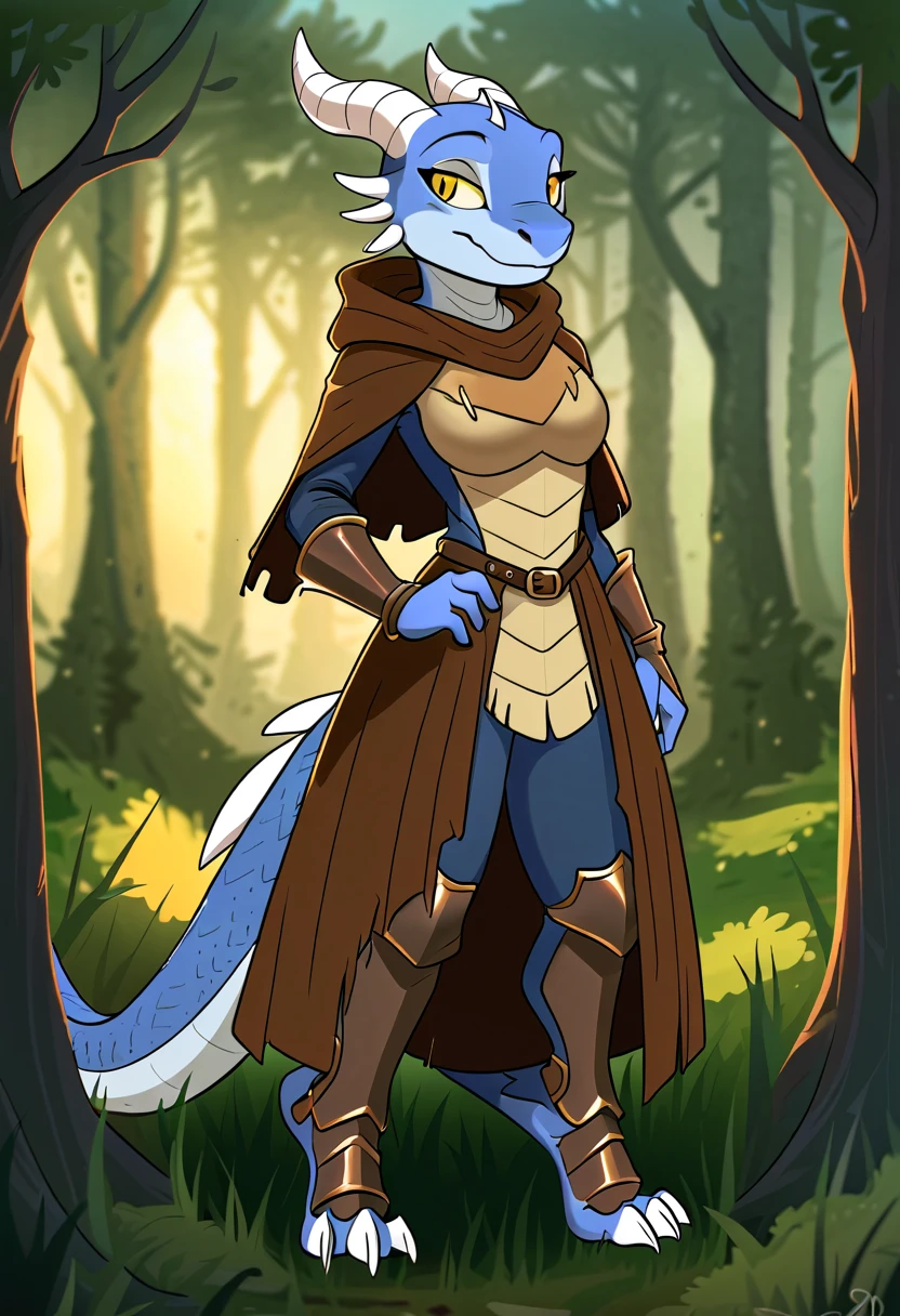 anthropomorphic kobold, female, she has well-detailed blue scales, she has curved horns with white divisions, she has long furry ears, she has beautiful well-detailed yellow eyes, she has wide hips, she is wearing a medieval armor, she is wearing a ruined and torn light brown poncho, she is standing in grass, in the background there is a forest, 2d art style, full body view from the front and looking at the viewer with a happy face .
