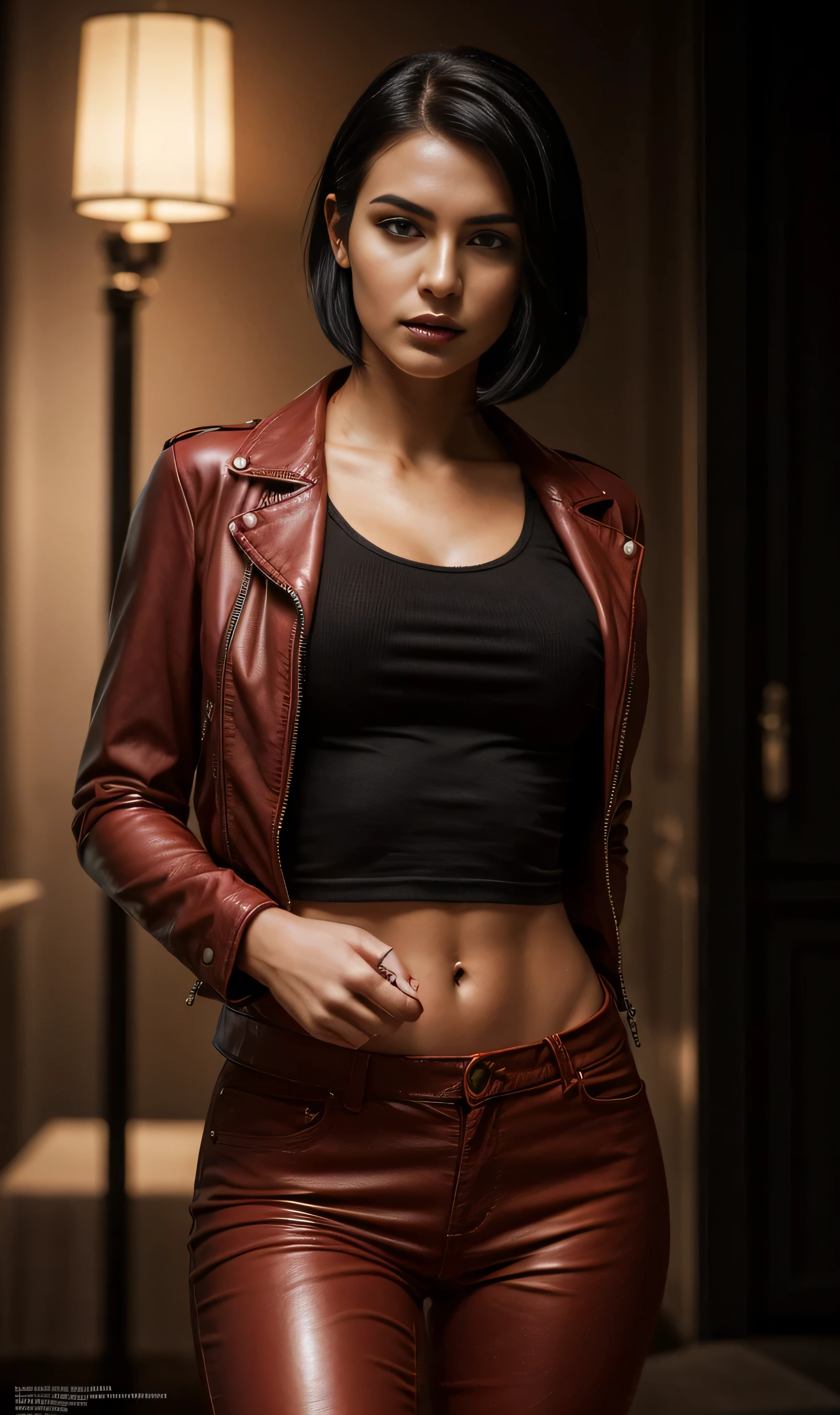 beautiful 25-year-old British vampire mercenary woman with short black hair, pale skin, wearing a red leather jacket and black tight leather pants, front view, challenging pose, ambient lighting, realistic photo, intricate facial detail, intricate hand details, highly detailed, vivid colors, cinematic, high resolution, trendy Artstation -- style raw